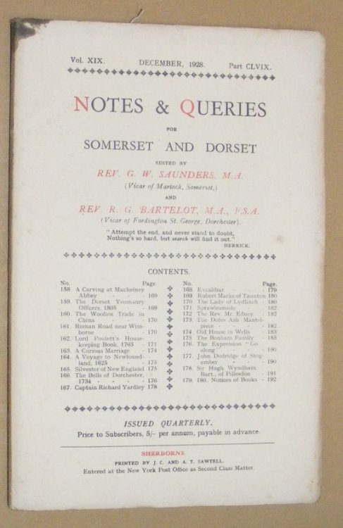 Notes & Queries for Somerset and Dorset, December 1928, Vol.XIX Part CLVIX