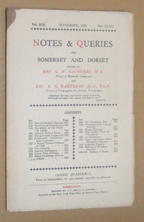 Notes & Queries for Somerset and Dorset, September 1929, Vol.XIX Part CLXII
