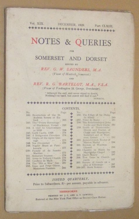 Notes & Queries for Somerset and Dorset, December 1929, Vol.XIX Part CLXIII
