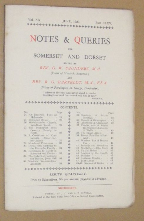 Notes & Queries for Somerset and Dorset, June 1930, Vol.XX Part CLXV