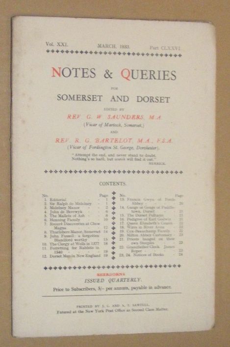 Notes & Queries for Somerset and Dorset, March 1933 Vol.XXI Part CLXXVI