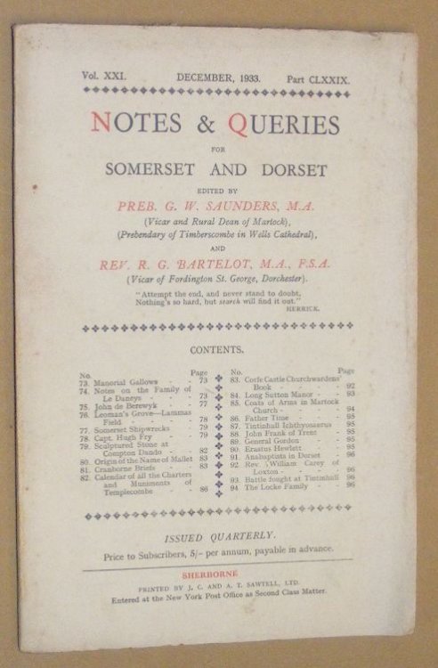 Notes & Queries for Somerset and Dorset, December 1933 Vol.XXI Part CLXXIX