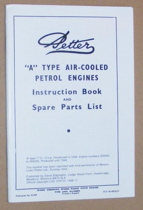 Petter 'A' type air-cooled petrol engines. Instruction book and spare parts list