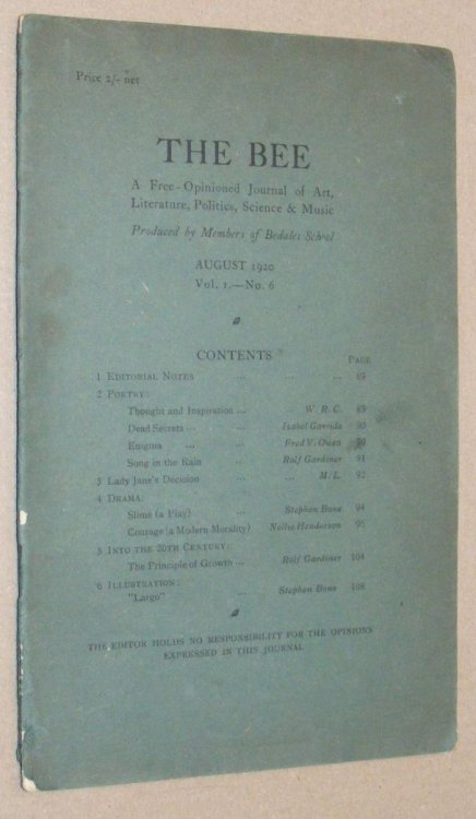 The Bee, August 1920, Vol.1 No.6. A Free-Opinioned Journal of Art, Literature, Politics, Science & Music