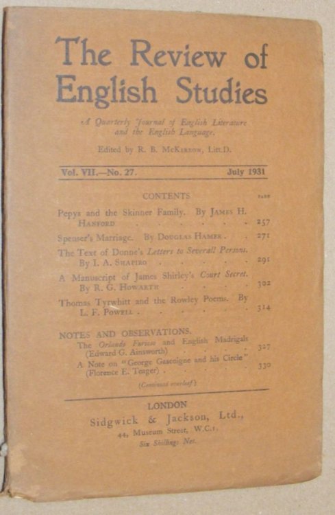 The Review of English Studies vol.VII no.27, July 1931. A Quarterly Journal of English Literature and the English Language