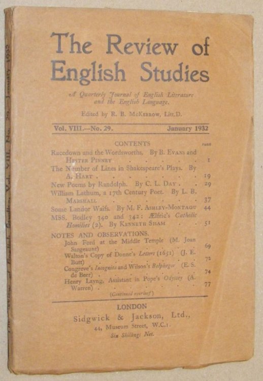 The Review of English Studies vol.VIII no.29, January 1932. A Quarterly Journal of English Literature and the English Language