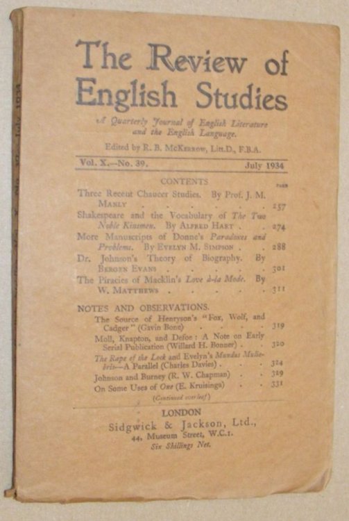 The Review of English Studies vol.X no.39, July 1934. A Quarterly Journal of English Literature and the English Language