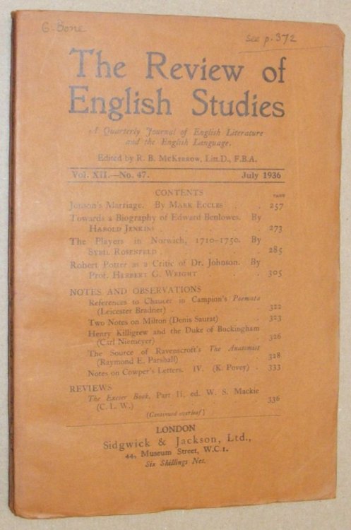 The Review of English Studies vol.XII no.47, July 1936. A Quarterly Journal of English Literature and the English Language