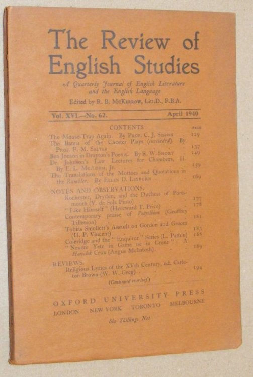 The Review of English Studies vol.XVI no.62, April 1940. A Quarterly Journal of English Literature and the English Language