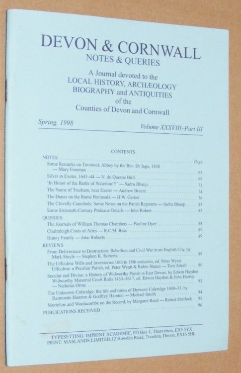 Devon and Cornwall Notes & Queries volume XXXVIII, Part III, Spring 1998