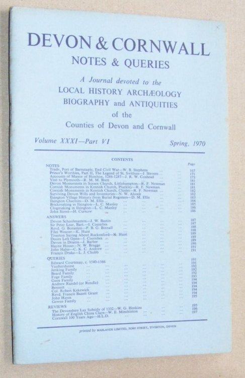 Devon and Cornwall Notes & Queries volume XXXI, Part VI, Spring 1970