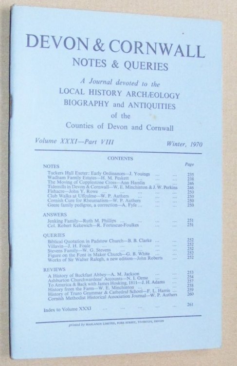Devon and Cornwall Notes & Queries volume XXXI, Part VIII, Winter 1970