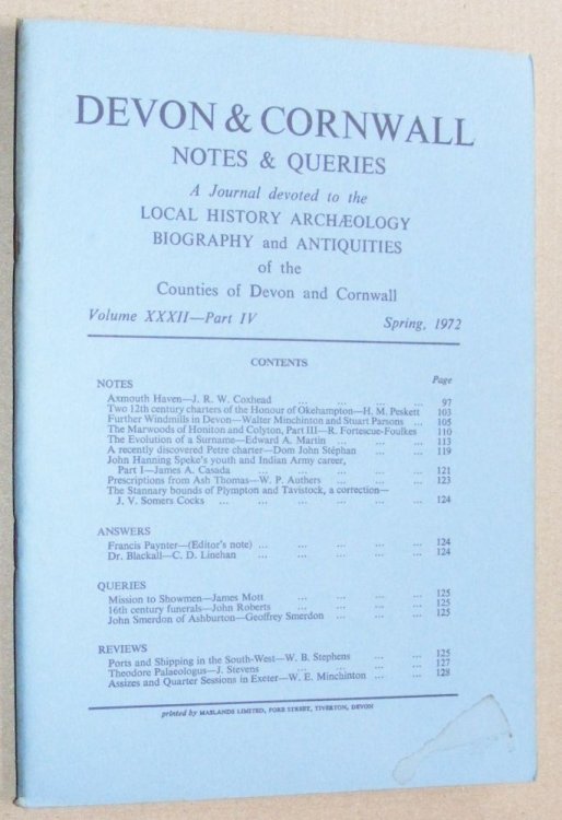 Devon and Cornwall Notes & Queries volume XXXII, Part IV, Spring 1972
