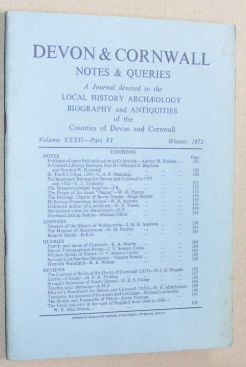 Devon and Cornwall Notes & Queries volume XXXII, Part VI, Winter 1972