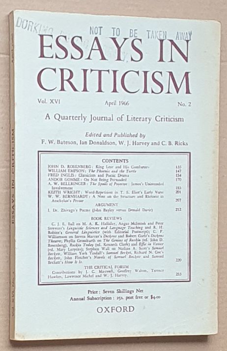 Essays in Criticism: Vol.XVI No.2, April 1966: a Quarterly Journal of Literary Criticism