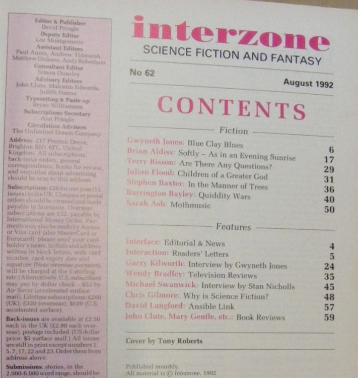 Interzone Science Fiction & Fantasy 62, August 1992