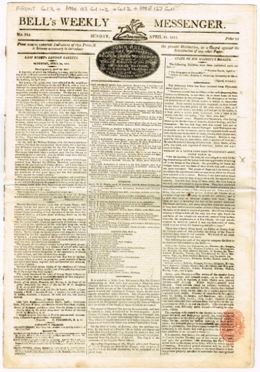 BELL'S WEEKLY MESSENGER NO. 785. SUNDAY APRIL 21, 1811 (BATTLE OF BARROSA - TAKING A FRENCH EAGLE)