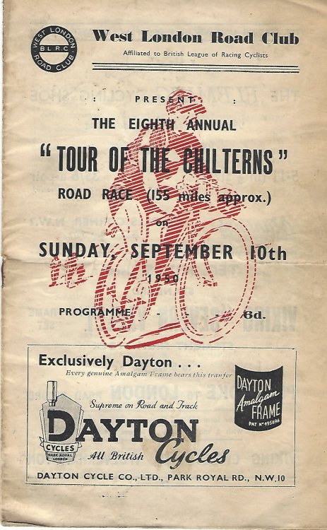 Eigth Annual Tour of the Chilterns on Sunday 10th September 1950 Bicycle Race Programme