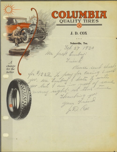 Letter On Letterhead From Columbia Quality Tires, Nolanville, Tex., Dated February 27, 1930