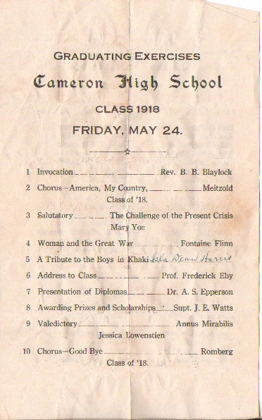 Cameron High School Class Of 1918 Graduating Exercises, Friday, May 24, 1918 ( Cameron, Texas)