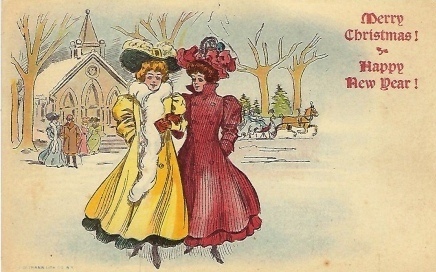Merry Christmas! Happy New Year! Two Ladies Leaving Church, One in Yellow, the Other in Red