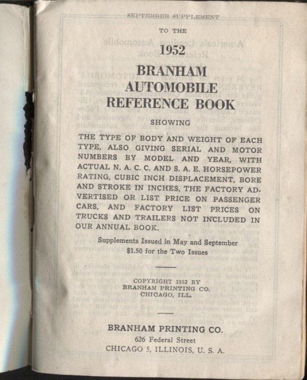 September Supplement To The 1952 Branham Automobile Reference Book