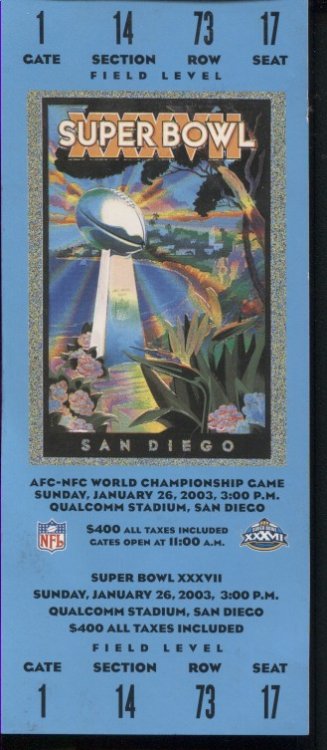 Superbowl XXXVII Ticket San Diego, January 26, 2003, 3:00 pm