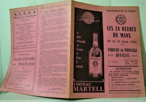 Les 24 Heures Du Mans 10 et 11 Juin 1961 Tableau De Pointage Officiel