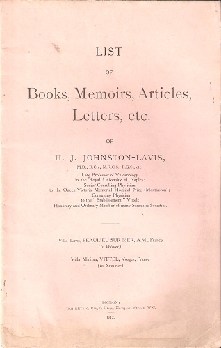 List of Books, Memoirs, Articles, Letters etc (scientific publications) of H.J. Johnston-Lavis