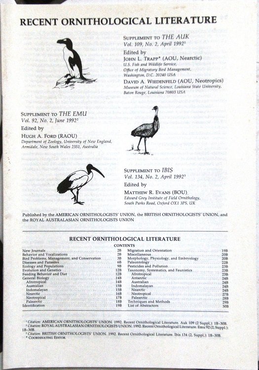 RECENT ORNITHOLOGICAL LITERATURE, 1983-1998, (being a supplement to The Auk, The Emu and The Ibis). Richard Fitter's copies