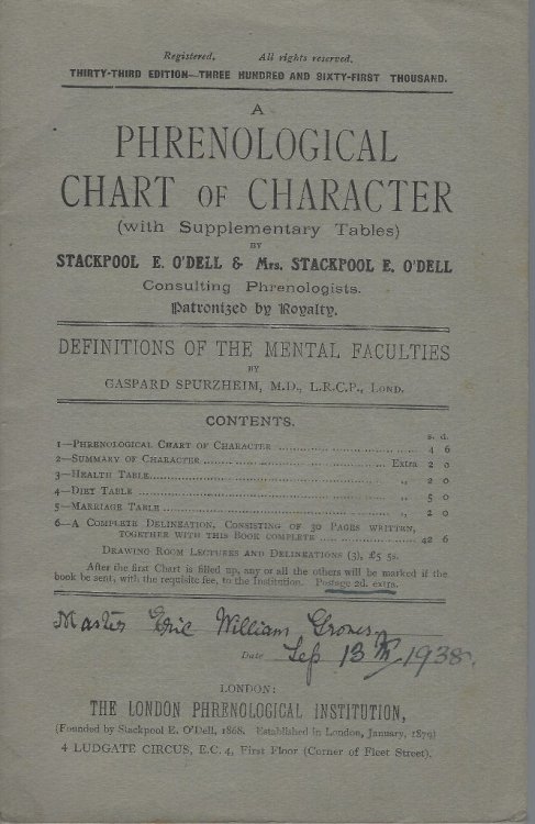 A Phrenological Chart of Character with supplementary tables:(with) Definition of the Mental Faculties by Gaspard Spurzheim [Eric Groves' copy]