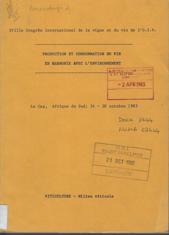 Production et Consommation du Vin en Harmonie avec l'Environment. [XVIIIe Congres International de la Vigne et du Vin de 'O.I.V. - Le Cap, Afique du Sud, 1983