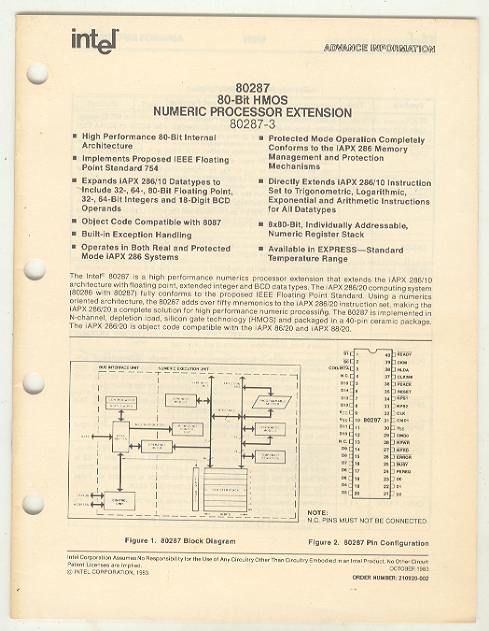 ADVANCE INFORMATION - 80287 80-Bit HMOS NUMERIC PROCESSOR EXTENSION 80287-3