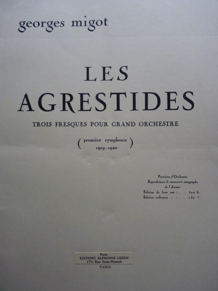 Les Agrestides, Trois Fresques pour Grand Orchestre (Premiere Symphonie 1919-1920 - Folio Full Score