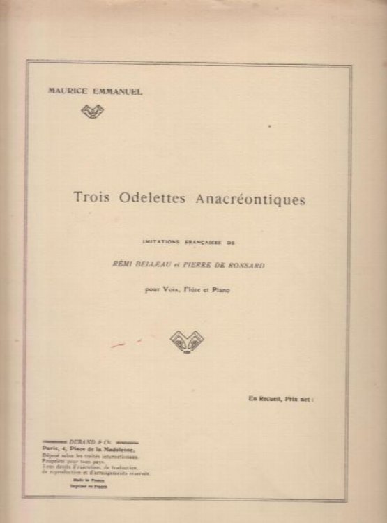 Trois Odelettes Anacreontiques for Voice, Flute & Piano