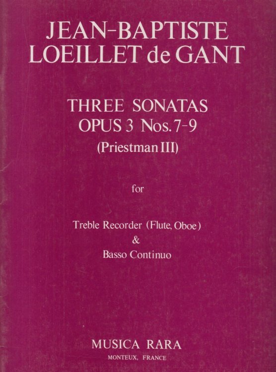 Three Sonatas Op.3 Nos.7-9 for Treble Recorder (Flute, Oboe) & Basso Continuo - Set of Parts