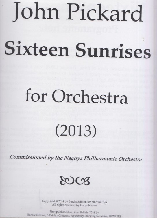 Sixteen Sunrises for Orchestra (2013) - Folio Full Score