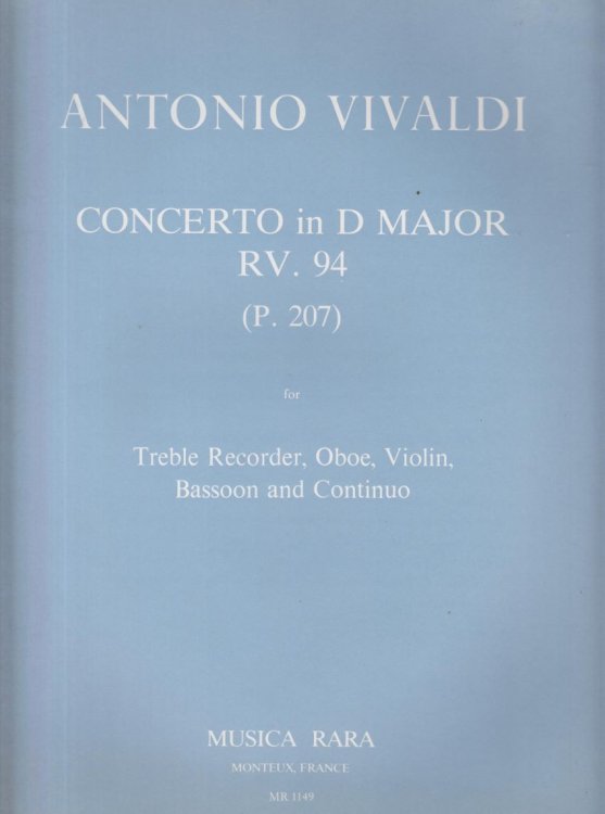 Concerto in D major, RV94 for Treble Recorder, Oboe, Violin, Bassoon and Basso Continuo - Set of Parts
