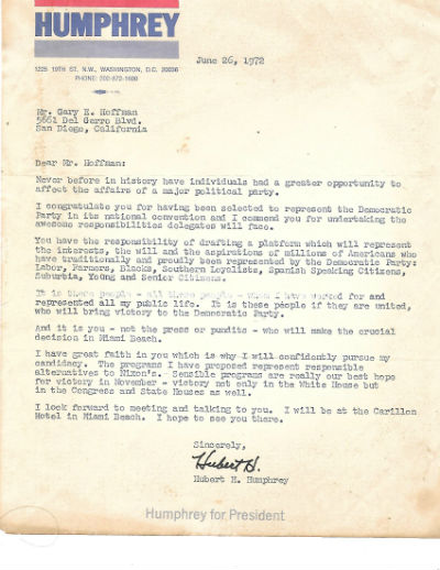 Letter from and signed by Hubert H.Humphrey during his 1972 race for the president to Gary Hoffman,newly elected head of the Democratic party
