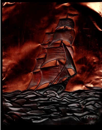 Picture Sailing Ship Embossed Punched Copper Nautical Scene 8