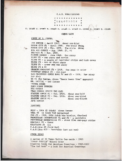 R. Crumb want list typewrittem 1 page