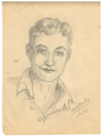 Julia Kirilla:2 6x10,pencilled self portraits with mailer either drawn in 1933 or she was born in 1933