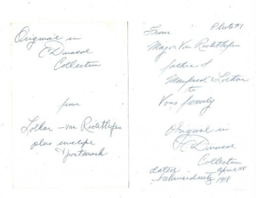 3 photographs of 2 letters written by baron Von Richtofen