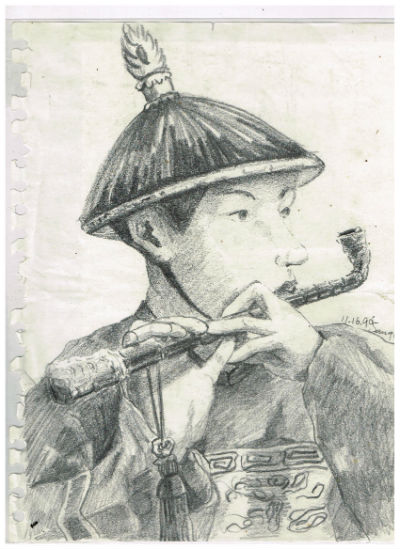 Pencil Drawing of Chinese guy playing flute 8