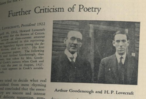 THE NATIONAL AMATEUR. December, 1944. Features HPL's 4-page article, FURTHER CRITICISM OF POETRY. A photo of HPL and ARTHUR GOODENOUGH is pictured from 1922