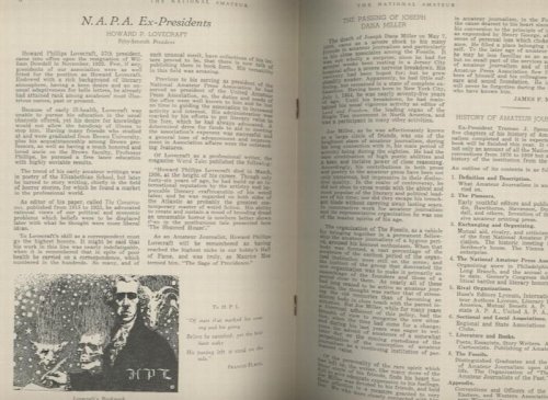 THE NATIONAL AMATEUR. June, 1939. An article on HPL as the Fifty-Seventh President of N.A.P.A. The famous Virgil Finlay portrait is reproduced.