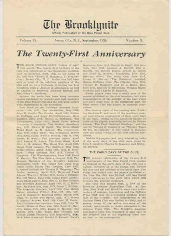 THE BROOKLYNITE. September., 1929. Vol. 19, No. 3.