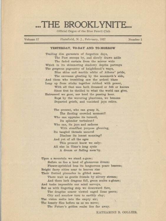 THE BROOKLYNITE. February, 1927. Vol. 17, No. 1.