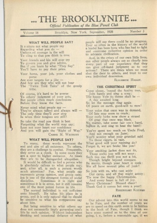 THE BROOKLYNITE. September, 1928. Vol. 18, No. 3.