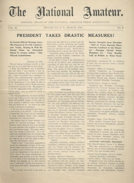 THE NATIONAL AMATEUR. Vol. 38. No. 4. March, 1916. Lovecraft's poem 